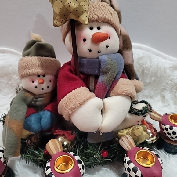Vintage Fabric Snowman Family Centerpiece With Bird Candle Holders, 13" Tall New - Picture 4 of 8